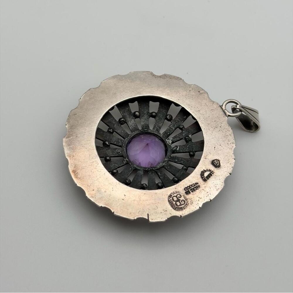 Vintage Sterling Silver Amethyst Sunburst Pendant - Picture 3 of 7